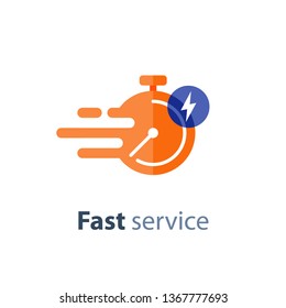 Fast time delivery icon, timely service, stopwatch in motion, deadline concept, vector flat illustration