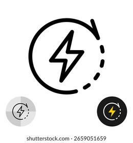 Fast time icon with lightning bolt and round arrow showing fast moving around. Symbol of short or repeated periods of time. Editable stroke.