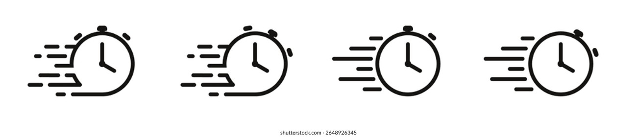 Fast time icon set. Quick time or deadline icon. A dynamic set of speed-themed stopwatch icons showing motion trails. Express service symbol. Stopwatch symbol. Countdown timer. Vector illustration