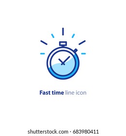 Fast time logo, stop watch speed concept, quick delivery, express and urgent services, deadline and delay, vector line icon