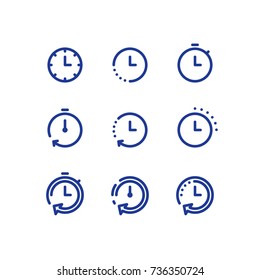 Fast time logo, stop watch symbol,  time period concept, working hours,  quick timely delivery, express and urgent services, deadline and delay, vector stroke icon set