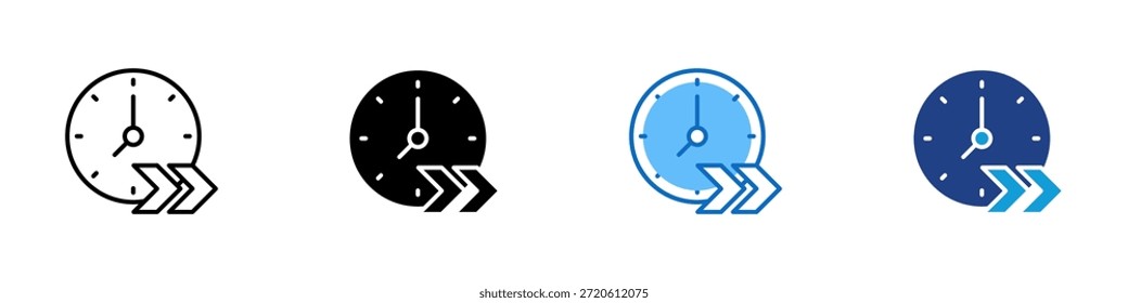 Fast Time Multiple Style Icon Design Vector - clock with forward motion arrows, indicating speed, urgency, fast workflow, or accelerated scheduling