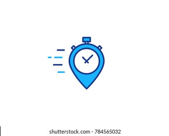 Fast time place delivery logo concept. Point marker with timer logo concept. Quick delivery logo design. Vector flat line illustration isolated on white