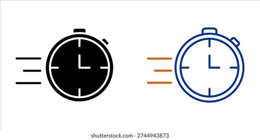 Fast time and stopwatch icon set. Concept of speed, deadline, and efficiency in flat and line art style.
