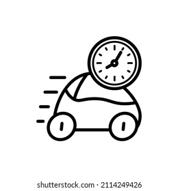 Fast time thin line icon: car at speed and clock. Modern vector illustration of quickly delivery, time running.