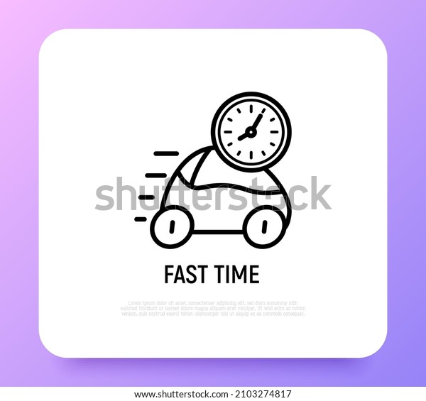 Fast time\
thin line icon: car at speed and clock. Modern vector illustration\
of quickly delivery, time\
running.