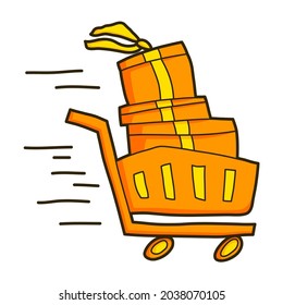 fast track cart shipping with present box vector illustration icon design template with filled outline doodle hand drawn style for shop and market