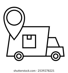 Coche de entrega urgente de pista rápida, furgoneta, camión con cartón dentro y mapa de punto de pin exterior. Ilustración de Vector de diseño de icono.