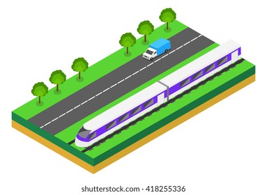 Fast Train near highway. Vector isometric illustration of a Fast Train near highway with cars. Vehicles designed to carry large numbers of passengers. Isolated vector of modern high speed train.
