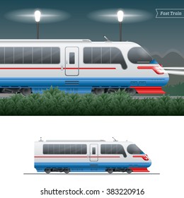 Fast train on night background. Train isolated on white background. Vector Illustration.