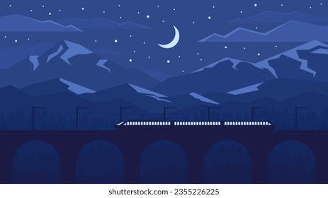Fast train rides on the railway bridge at night on the mountain range and the night sky background.