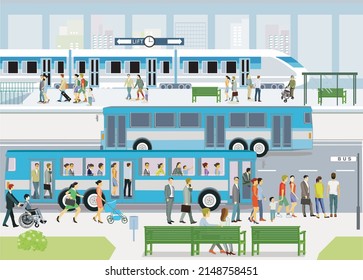 Fast train in the train station and bus stop