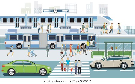 Schnellzug im Bahnhof und Bushaltestelle
