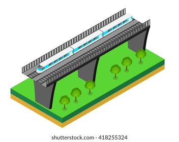 Fast Train. Vector isometric illustration of a Fast Train. Vehicles designed to carry large numbers of passengers. Isolated vector of modern high speed train. isometric train on a railway bridge 
