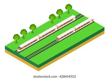 Fast Train. Vector isometric illustration of a Fast Train. Vehicles designed to carry large numbers of passengers. Isolated vector of modern high speed train.