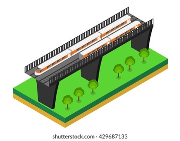 Fast Train. Vector isometric illustration of a Fast Train. Vehicles designed to carry large numbers of passengers. Isolated vector of modern high speed train. isometric train on a railway bridge 