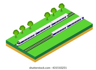 Fast Train. Vector isometric illustration of a Fast Train. Vehicles designed to carry large numbers of passengers. Isolated vector of modern high speed train.