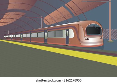 Tren rápido con vagones en la estación en el túnel subterráneo, ilustración del vector de transporte eléctrico de pasajeros