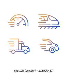Fast transport gradient linear vector icons set. Motor vehicle. Train and automobile. Delivery and transit. Thin line contour symbol designs bundle. Isolated outline illustrations collection