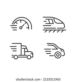 Fast transport pixel perfect linear icons set. Motor vehicle. Train and automobile. Delivery and transit. Customizable thin line symbols. Isolated vector outline illustrations. Editable stroke