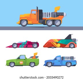 Fast trucks. Fuel moving sport vehicles acceleration nitrous oxide fire flame shapes garish vector fast cars collection in flat style