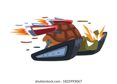 Fast Turtle, Cyborg Animal Cartoon Character with Turbo Speed Booster and Fire Vector Illustration on White Background