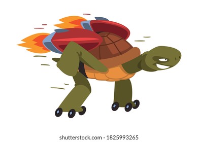 Fast Turtle Rollerblading, Funny Animal Cartoon Character Running with Turbo Speed Booster Vector Illustration on White Background