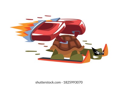 Fast Turtle Skiing, Funny Animal Cartoon Character with Turbo Speed Booster and Fire Vector Illustration on White Background