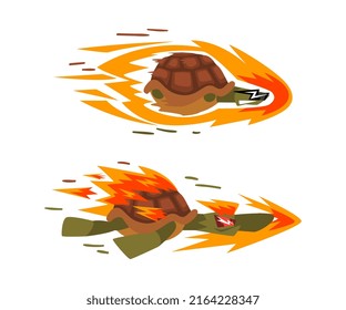 Fast turtles in flame set. Funny racing tortoise cartoon vector illustration