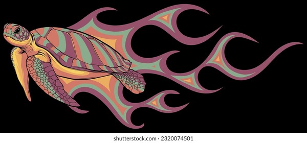 Fast turtles in flame set. Funny racing tortoise cartoon on black backgroundvector illustration