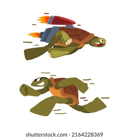 Fast turtles set. Funny tortoise with jet engine cartoon vector illustration