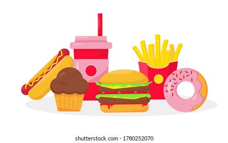Fast and unhealthy food concept. Vector illustration on white background. 