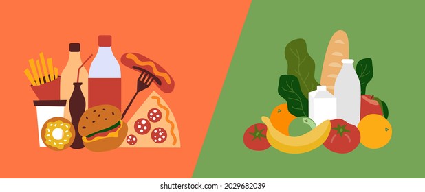 Fast unhealthy food vs healthy nutrition. Good and bad choice of products. Bad junk fastfood and good organic food. Comparison greasy unhealthy habits eating and fresh health diet. Vector illustration