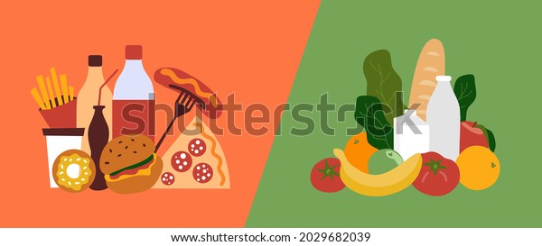 Fast unhealthy food vs healthy nutrition.
Good and bad choice of products. Bad junk fastfood and good organic
food. Comparison greasy unhealthy habits eating and fresh health
diet. Vector illustration