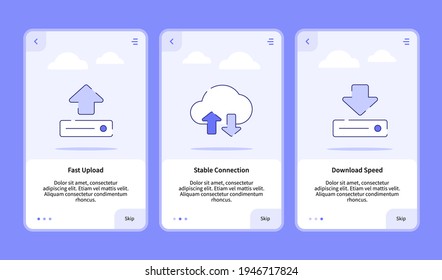 fast upload stable connection download speed onboarding for mobile app with dashed line style