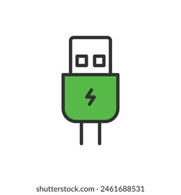 Fast USB charging, in line design, green. Fast, USB, Charging, Speed, Power, Quick, Cable on white background vector. Fast USB charging editable stroke icon.