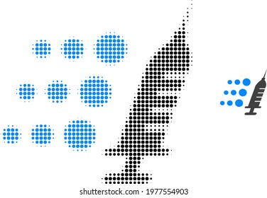 Fast vaccine halftone dot icon illustration. Halftone pattern contains round elements. Vector illustration of fast vaccine icon on a white background. Flat abstraction for fast vaccine pictogram.
