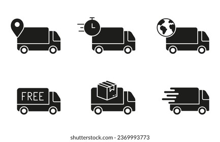 Fast Van, Free Shipping Transport Silhouette Icon Set. Delivery Truck Glyph Pictogram. Logistic, Parcel Shipment Solid Sign. Cargo Transportation Symbol Collection. Isolated Vector Illustration.