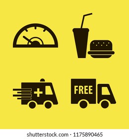 fast vector icons set. with free delivery, ambulance car, fast food and speedometer in set