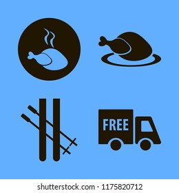 fast vector icons set. with hot chicken, free delivery and skiing in set