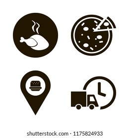 fast vector icons set. with pizza, fastfood location, hot chicken and fast delivery truck in set