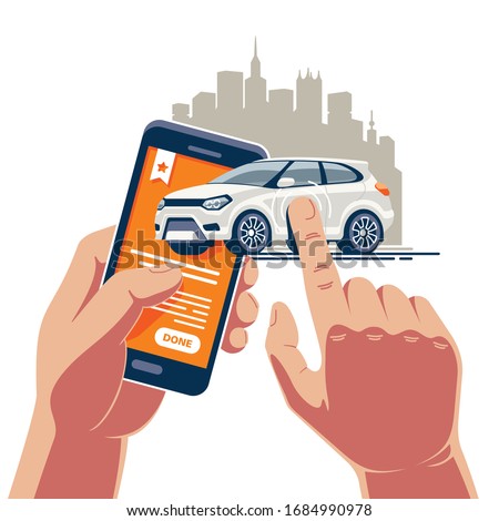 Fast vehicle operations with a mobile application on the Internet. A white car is bought and sold in one touch on a smartphone.