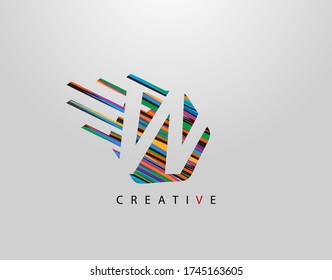 Logotipo de la carta rápida W. Diseño W inicial geométrico de resumen moderno creativo, hecho de varias tiras de arte pop coloridas  