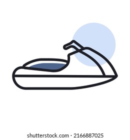 Fast water scooter and boat, luxury boat vector isolated icon. Graph symbol for travel and tourism web site and apps design, logo, app, UI