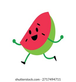 Personaje de sandía rápida corriendo audaz ilustración plana de carne rosa caliente adecuada para temas de acción, marca deportiva y mascotas energéticas