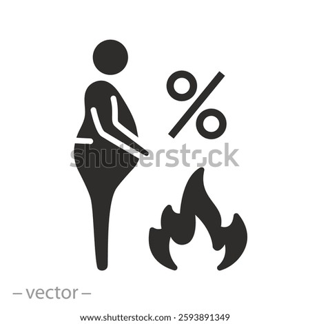 fast weight loss, burn fat percentage icon, body of a fat person, flat vector illustration