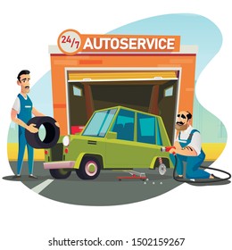 Fast Wheel Replacement Round-the-Clock Automotive Service. Cartoon Repairers Changing Broken Wheel on Car Lifted on Adjustable Jack. Auto Garage Gates. Emergency Help. Vector Flat Illustration