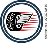 Fast winged tire emblem with motion stripes for motorsport and automotive clubs, ideal for sport tshirt logo, pit team merchandise and isolated sticker — editable vector.
