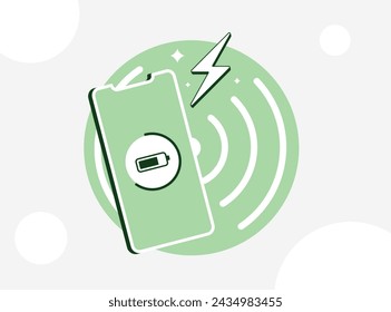 Cargador inalámbrico rápido. Conceptos tecnológicos con gráficos dinámicos de la carga eficiente del dispositivo electrónico del teléfono móvil. Ilustración aislada del vector de la estación de carga rápida sobre fondo blanco con iconos