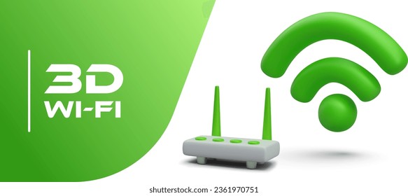 Fast wireless data transfer. System for mobile devices. Realistic router with antennas, wifi signal symbol. Green vector illustration on white background, place for text